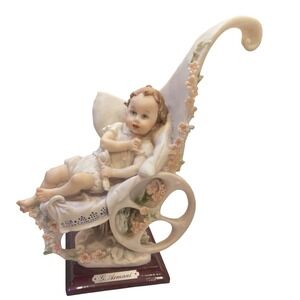 G. Armani Florence Sculpture Baby in Carriage Porcelain Roses Chipped Carriage